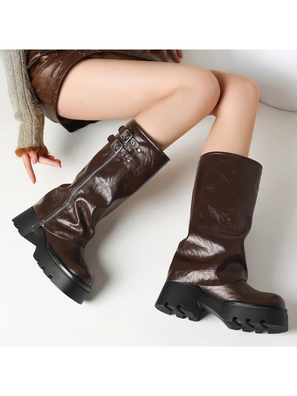 Women's Burgundy Leather Knee High Moto Boots Wide Calf Platform Buckle Boots - Picture 2 of 6